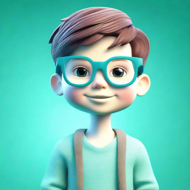 A 3D representation of a cute boy wearing glasses, set against a vivid aquamarine background, adding an enchanting cool-toned ambiance.