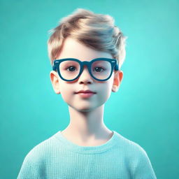 A charming 3D rendering of a boy wearing glasses, set against a bold and visually striking aquamarine backdrop.