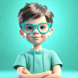 A charming 3D rendering of a boy wearing glasses, set against a bold and visually striking aquamarine backdrop.