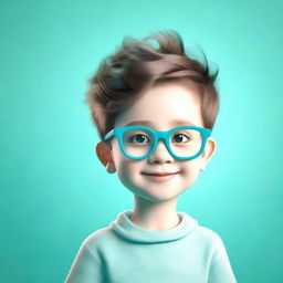 A charming 3D rendering of a boy wearing glasses, set against a bold and visually striking aquamarine backdrop.