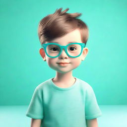 A charming 3D rendering of a boy wearing glasses, set against a bold and visually striking aquamarine backdrop.