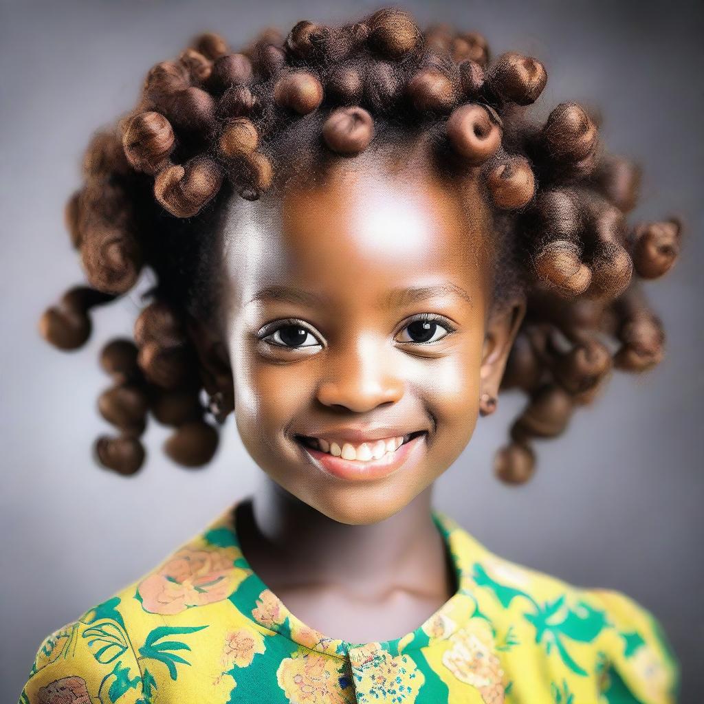 A portrait of a little girl with stunning Bantu knot hairstyles, highlighting her bright eyes and charming smile.