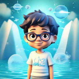 A 3D illustration of a cute boy wearing glasses and signifying the Aquarius zodiac, set against a dreamy background featuring water elements.