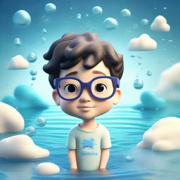 A 3D illustration of a cute boy wearing glasses and signifying the Aquarius zodiac, set against a dreamy background featuring water elements.