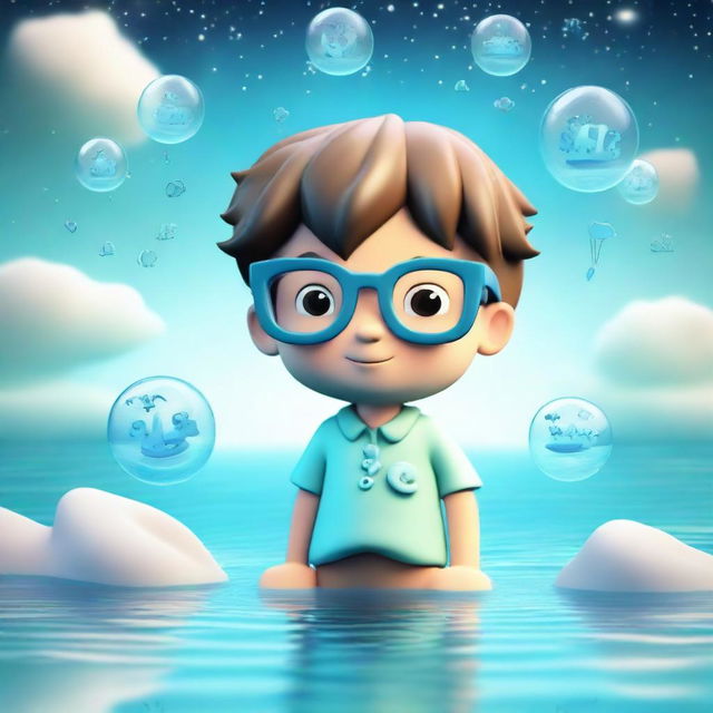 A 3D illustration of a cute boy wearing glasses and signifying the Aquarius zodiac, set against a dreamy background featuring water elements.