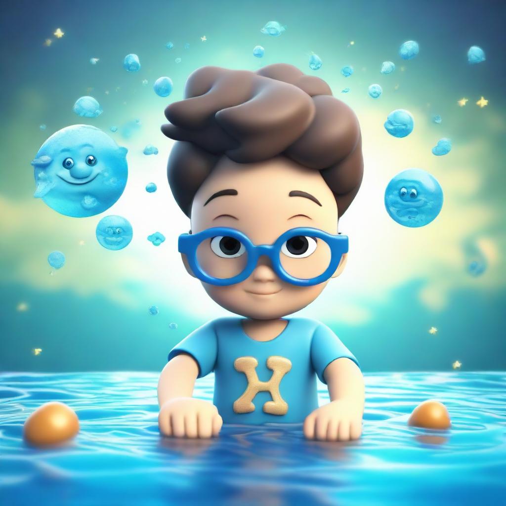 A 3D illustration of a cute boy wearing glasses and signifying the Aquarius zodiac, set against a dreamy background featuring water elements.