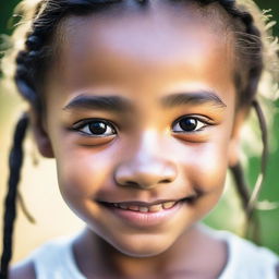 A close-up portrait of a little girl with intricate braided hair, her eyes sparkling with joy and innocence.