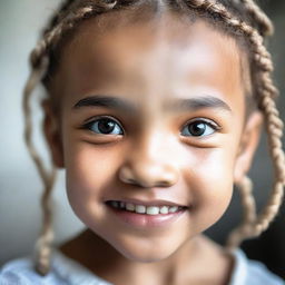 A close-up portrait of a little girl with intricate braided hair, her eyes sparkling with joy and innocence.