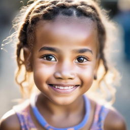 A close-up portrait of a little girl with intricate braided hair, her eyes sparkling with joy and innocence.