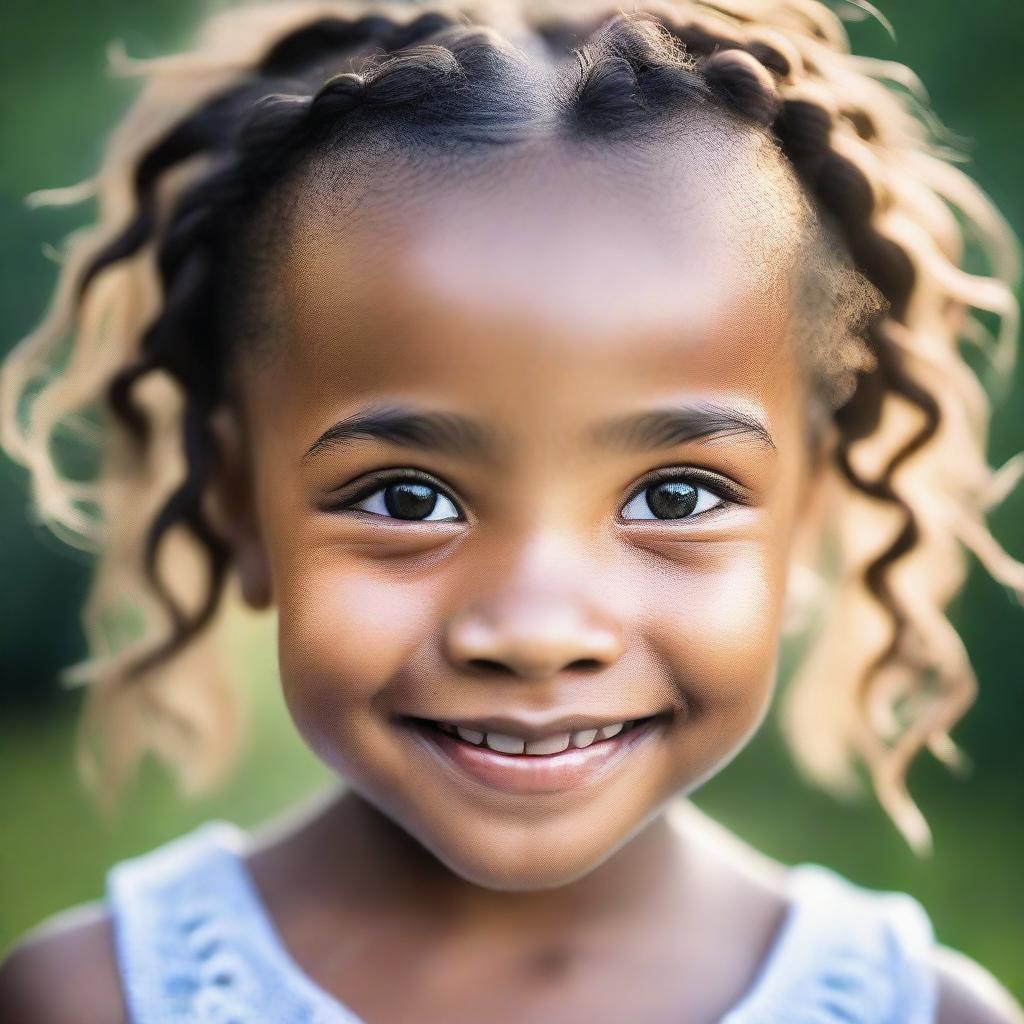 A close-up portrait of a little girl with intricate braided hair, her eyes sparkling with joy and innocence.