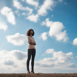 A tall, confident woman standing upright with the sky as her background.