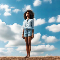 A tall, confident woman standing upright with the sky as her background.