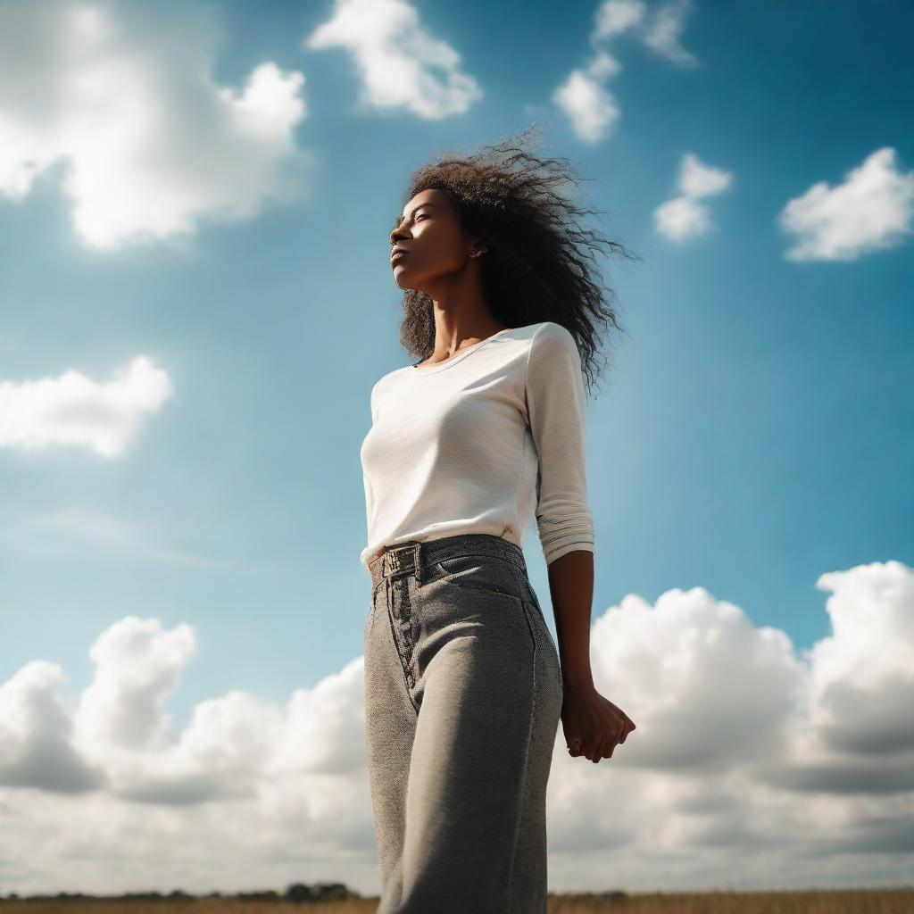 A tall, confident woman standing upright with the sky as her background.