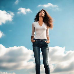 A tall, confident woman standing upright with the sky as her background.