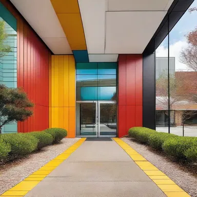 The vibrant colors used in the entryway jumpstart the overall aesthetic of the modern building.