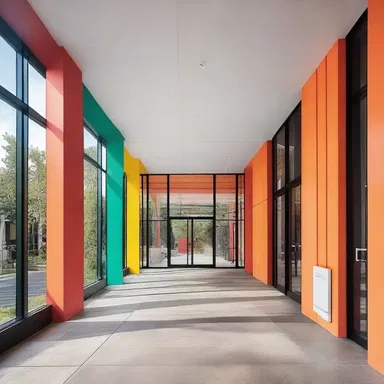 The vibrant colors used in the entryway jumpstart the overall aesthetic of the modern building.