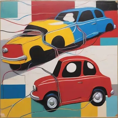 The abstract painting depicted a car with cables connecting to another vehicle, symbolizing the need to jumpstart one's creativity.