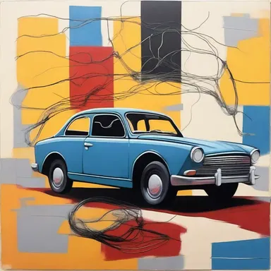The abstract painting depicted a car with cables connecting to another vehicle, symbolizing the need to jumpstart one's creativity.