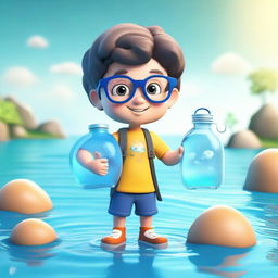 3D render of a cute boy characterified as an Aquarius, wearing glasses, holding an iconic water jug, and set against a thematic background of water and air.