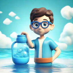 3D render of a cute boy characterified as an Aquarius, wearing glasses, holding an iconic water jug, and set against a thematic background of water and air.