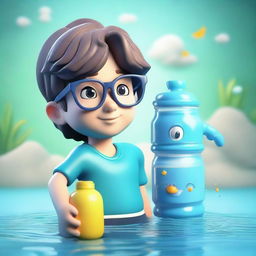 3D render of a cute boy characterified as an Aquarius, wearing glasses, holding an iconic water jug, and set against a thematic background of water and air.