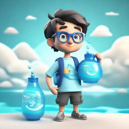 3D render of a cute boy characterified as an Aquarius, wearing glasses, holding an iconic water jug, and set against a thematic background of water and air.