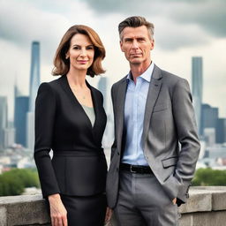 A tall, elegant woman standing next to a shorter, charismatic man, both are posing for a portrait with cityscape background.