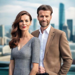 A tall, elegant woman standing next to a shorter, charismatic man, both are posing for a portrait with cityscape background.