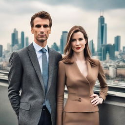 A tall, elegant woman standing next to a shorter, charismatic man, both are posing for a portrait with cityscape background.