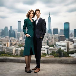 A tall, elegant woman standing next to a shorter, charismatic man, both are posing for a portrait with cityscape background.