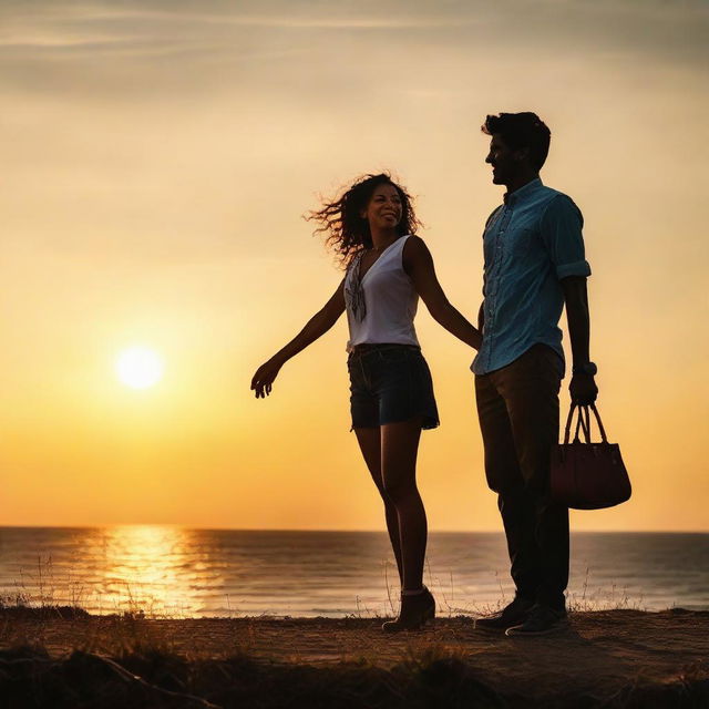 A tall, poised woman standing alongside a short, cheerful man. They are both sharing a joyful moment with a sunset background.