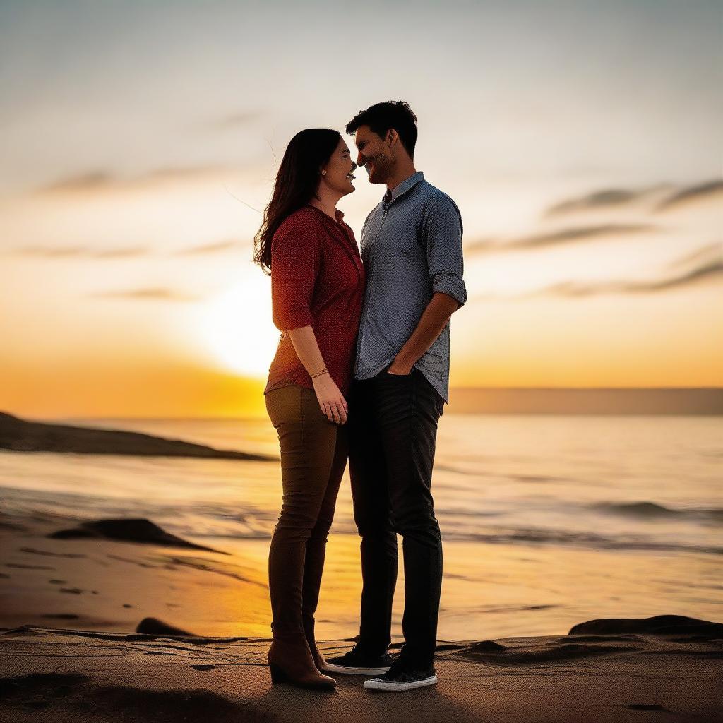 A tall, poised woman standing alongside a short, cheerful man. They are both sharing a joyful moment with a sunset background.