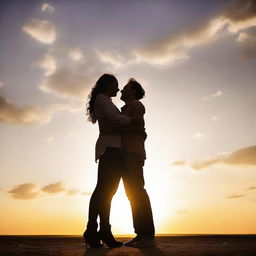 A tall, poised woman standing alongside a short, cheerful man. They are both sharing a joyful moment with a sunset background.