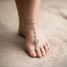 A close-up view of a girl's foot, delicately adorned with a stylish metallic anklet.