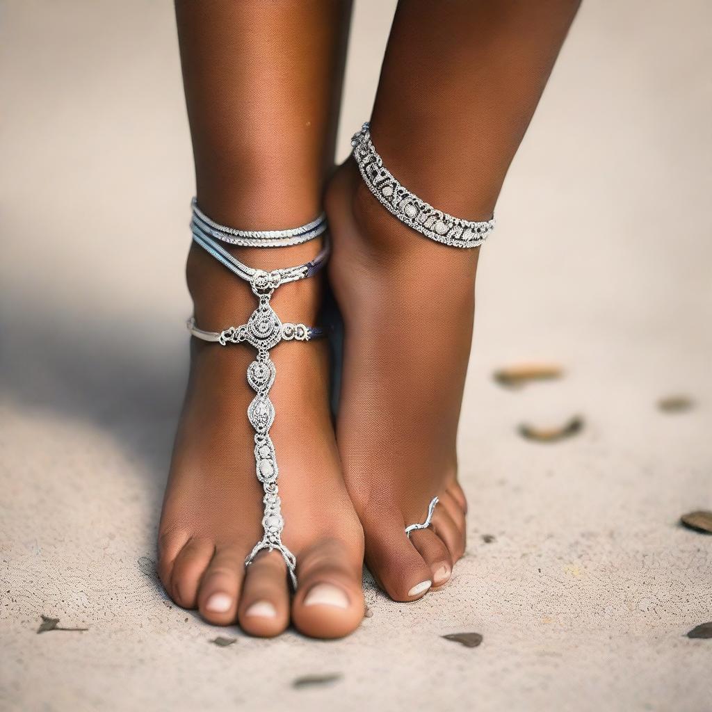 A close-up view of a girl's foot, delicately adorned with a stylish metallic anklet.