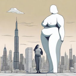 An oversized, giant woman and a tiny man standing beside each other for comparison, providing a surreal visual with a cityscape for scale.