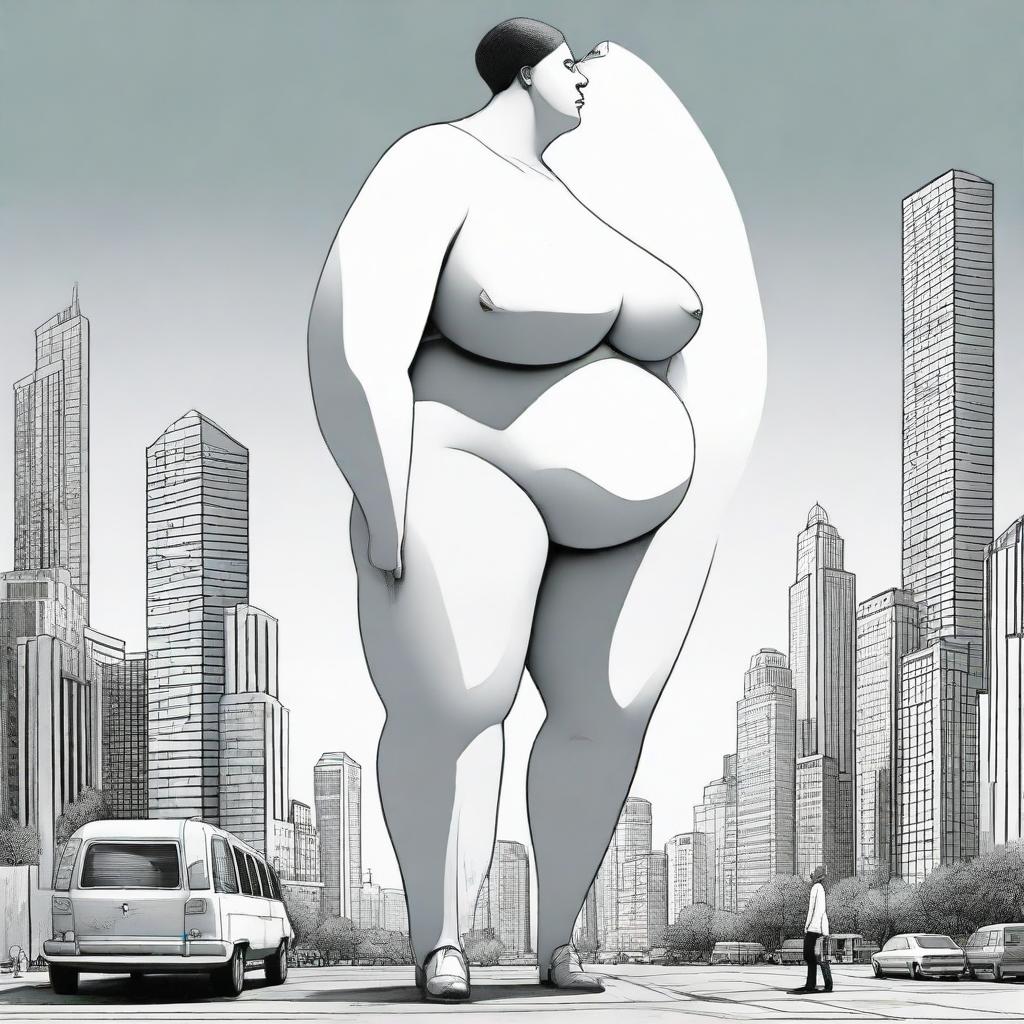 An oversized, giant woman and a tiny man standing beside each other for comparison, providing a surreal visual with a cityscape for scale.