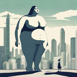 An oversized, giant woman and a tiny man standing beside each other for comparison, providing a surreal visual with a cityscape for scale.