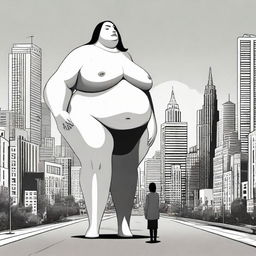 An oversized, giant woman and a tiny man standing beside each other for comparison, providing a surreal visual with a cityscape for scale.