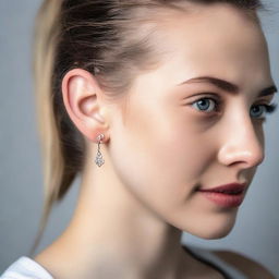 A close-up portrait of a girl showing her intricate and novel ear piercing.