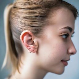 A close-up portrait of a girl showing her intricate and novel ear piercing.