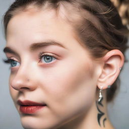 A close-up portrait of a girl showing her intricate and novel ear piercing.