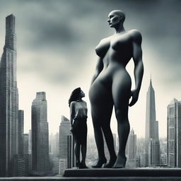 A gargantuan and beautiful woman standing alongside a much smaller man. The image creates a surreal and intriguing contrast, set against a sprawling cityscape.