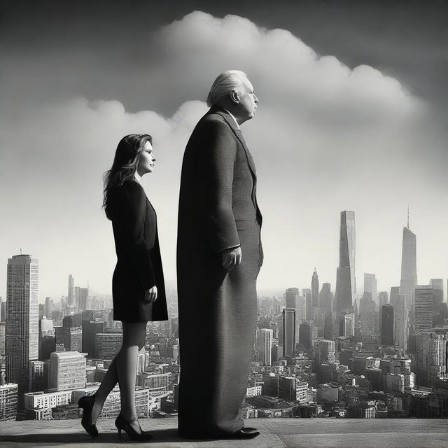 A gargantuan and beautiful woman standing alongside a much smaller man. The image creates a surreal and intriguing contrast, set against a sprawling cityscape.