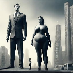 A gargantuan and beautiful woman standing alongside a much smaller man. The image creates a surreal and intriguing contrast, set against a sprawling cityscape.