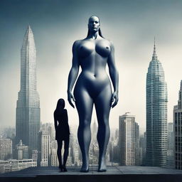 A gargantuan and beautiful woman standing alongside a much smaller man. The image creates a surreal and intriguing contrast, set against a sprawling cityscape.