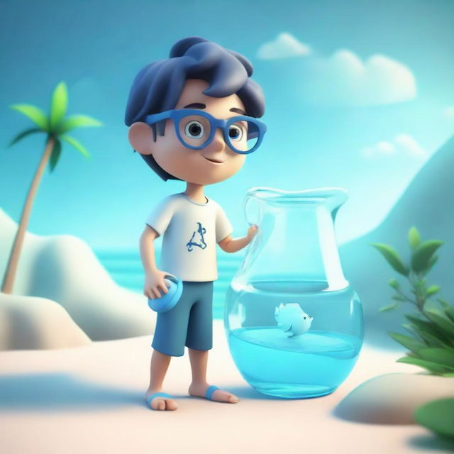 A 3D representation of a boy symbolizing the Aquarius zodiac sign, with glasses, holding a water jug, set in an airy and aquatic environment.