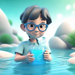 A 3D representation of a boy symbolizing the Aquarius zodiac sign, with glasses, holding a water jug, set in an airy and aquatic environment.