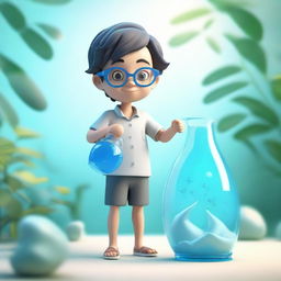 A 3D representation of a boy symbolizing the Aquarius zodiac sign, with glasses, holding a water jug, set in an airy and aquatic environment.