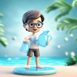 A 3D representation of a boy symbolizing the Aquarius zodiac sign, with glasses, holding a water jug, set in an airy and aquatic environment.